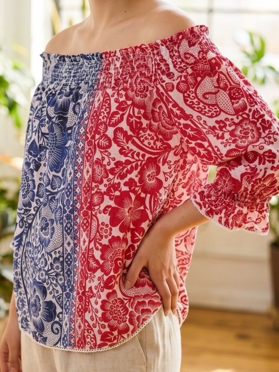 Chico's Tops - Chico's Off-Shoulder Split Floral Blouse in Red and Blue